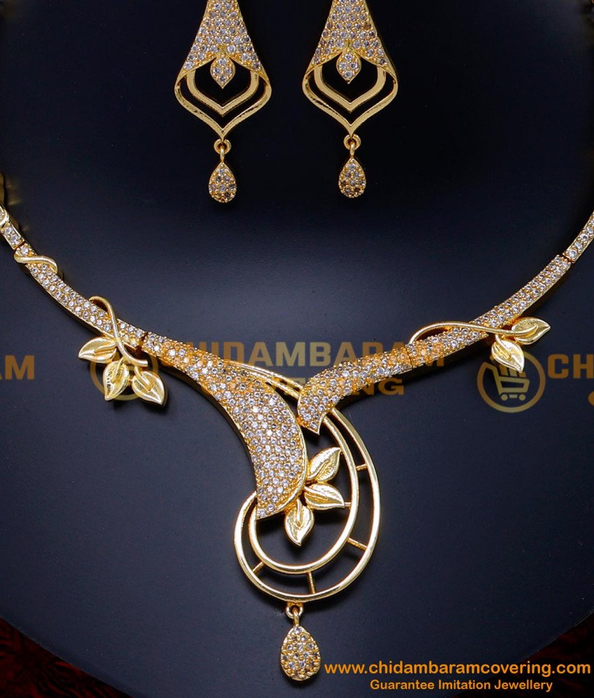 NLC1516 - New White Stone Gold Wedding Necklace Design with Earrings