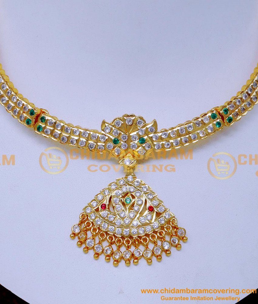 NLC1530 - Wedding White and Green Stone Attigai Necklace Design