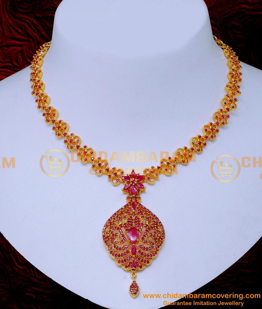 NLC1545 - New Model Simple Ruby Necklace Designs for Saree