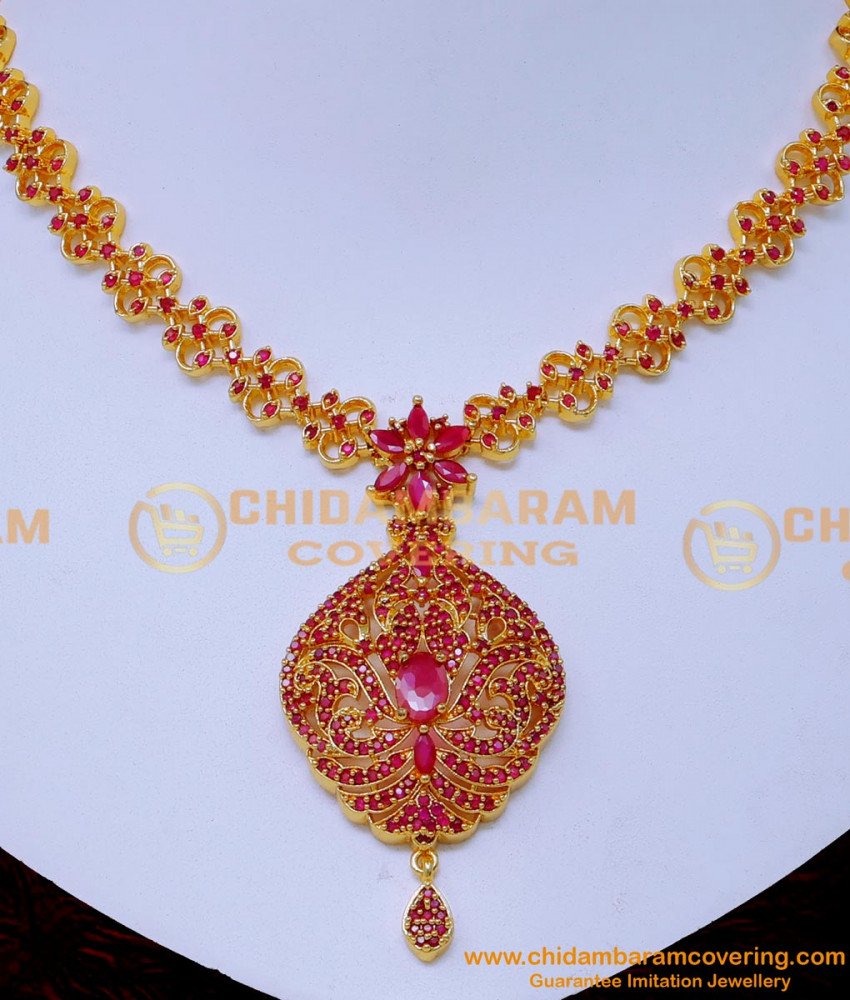 NLC1545 - New Model Simple Ruby Necklace Designs for Saree