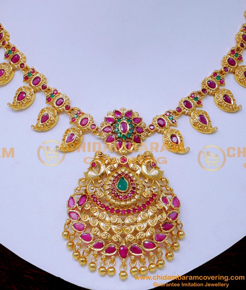 NLC1550 - Traditional Ruby Emerald Wedding Gold Necklace Design