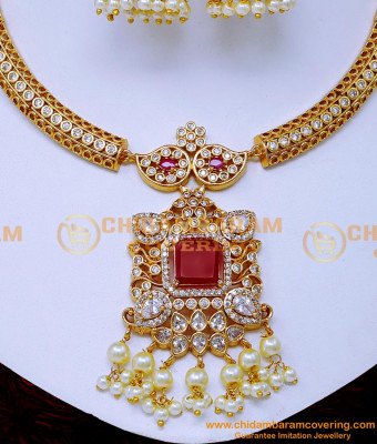 NLC1555 - New Model Ad Stone Antique Gold and Pearl Necklace Set