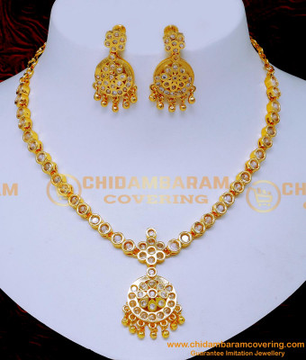 NLC1582 - Impon Jewellery White Stone Attigai with Earrings Set