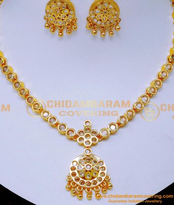 NLC1582 - Impon Jewellery White Stone Attigai with Earrings Set