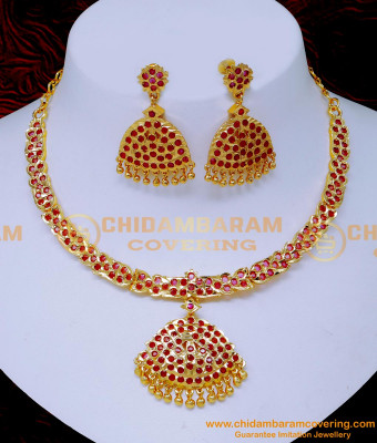 NLC1585 - Impon Gold Design Ruby Necklace Set for Wedding
