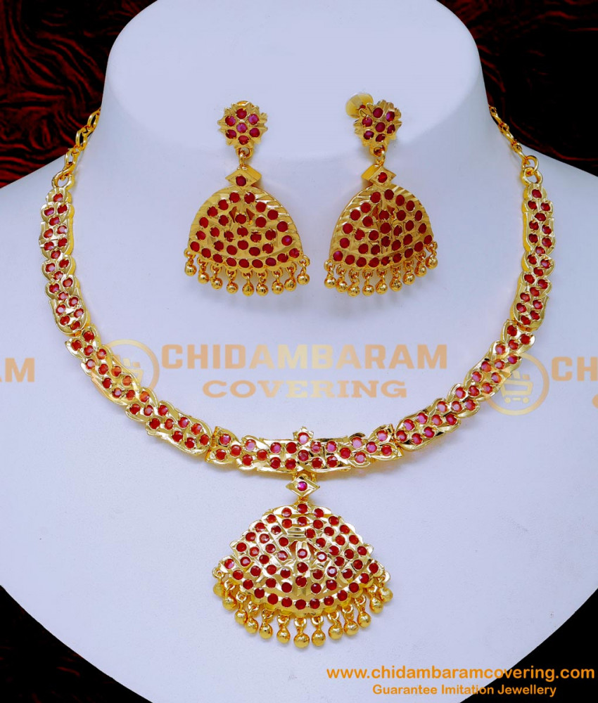 NLC1585 - Impon Gold Design Ruby Necklace Set for Wedding