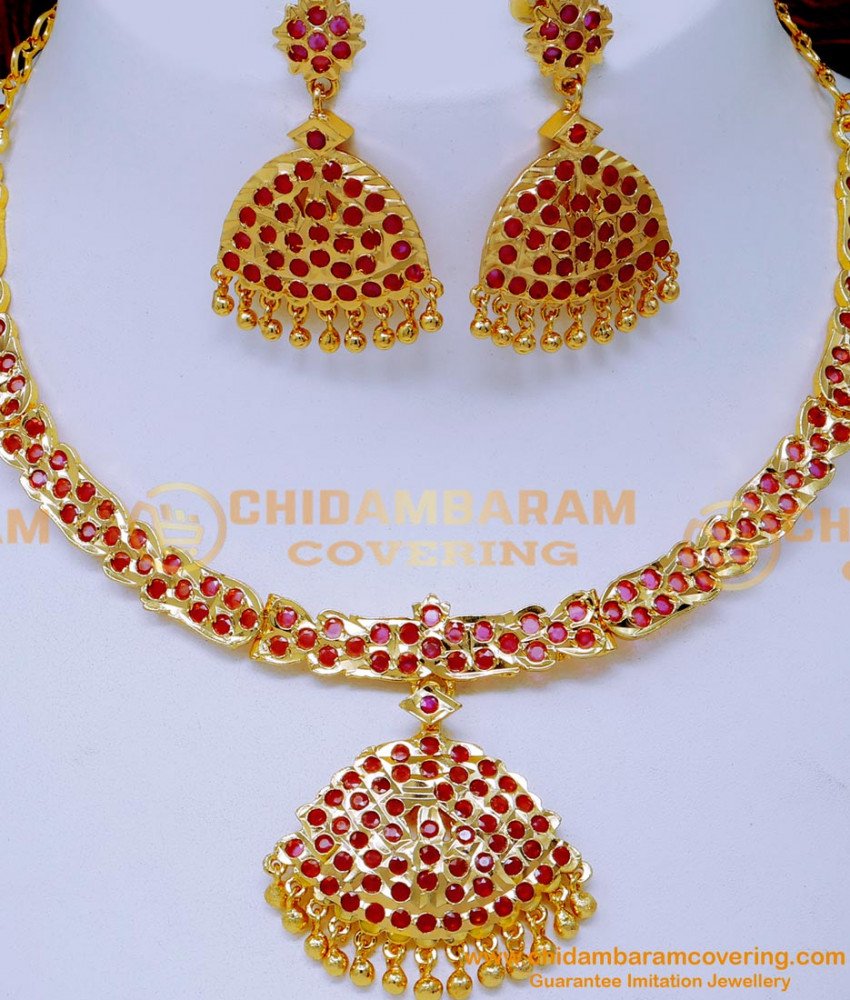 NLC1585 - Impon Gold Design Ruby Necklace Set for Wedding