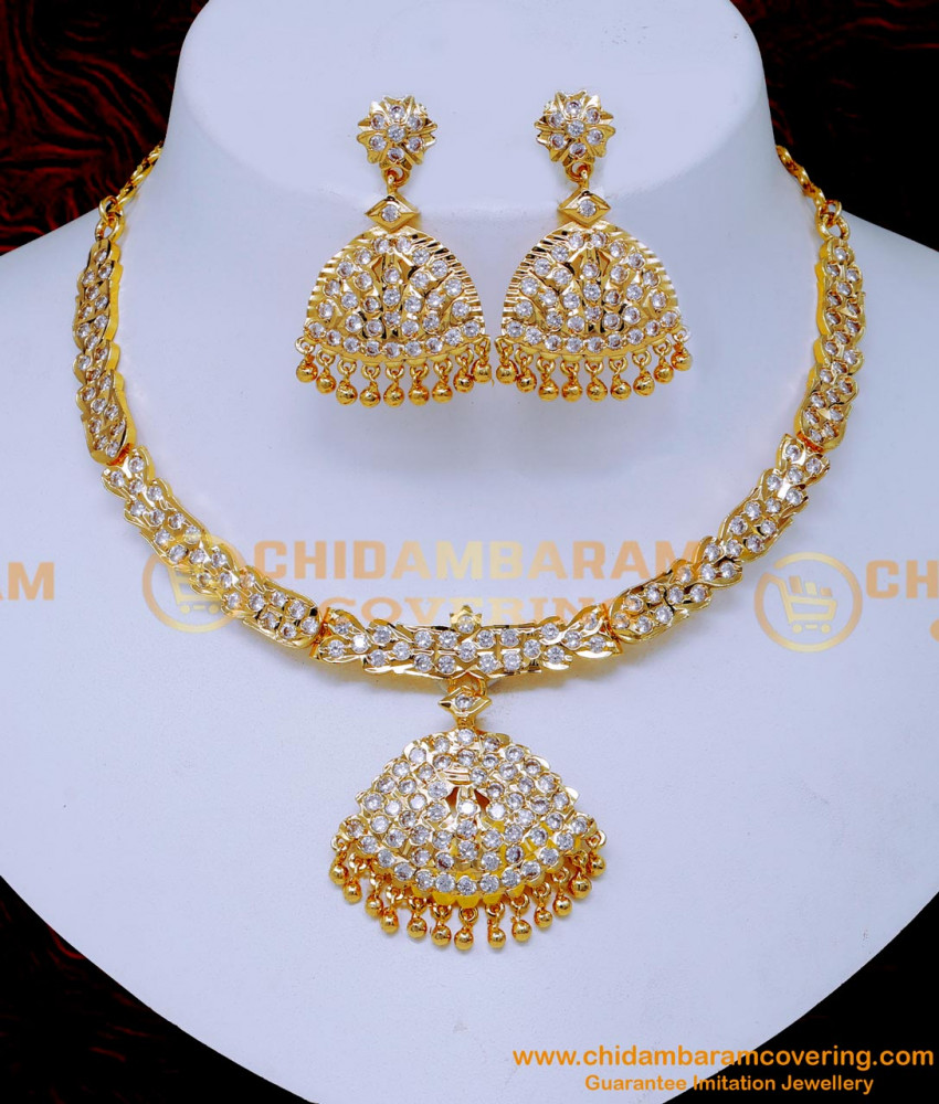 NLC1586 - Impon Gold Design White Stone Attigai with Earrings