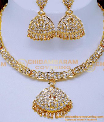 NLC1586 - Impon Gold Design White Stone Attigai with Earrings