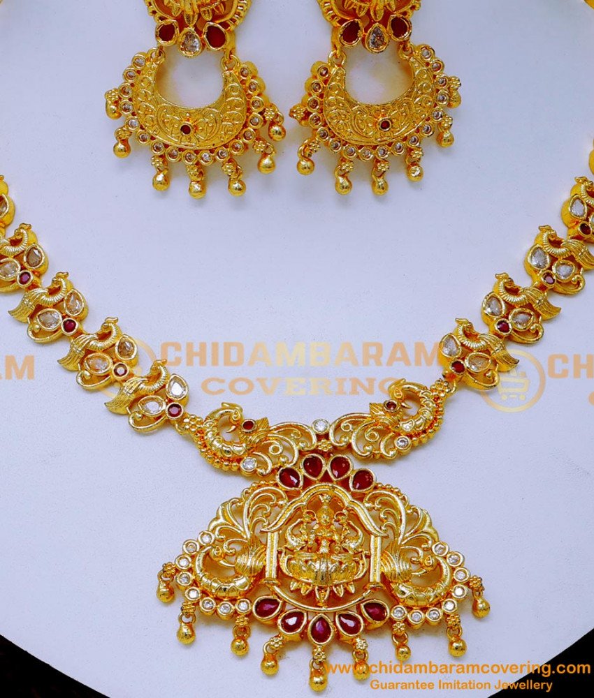 NLC1587 - New Model Ad Stone Lakshmi Design Necklace Set for Women