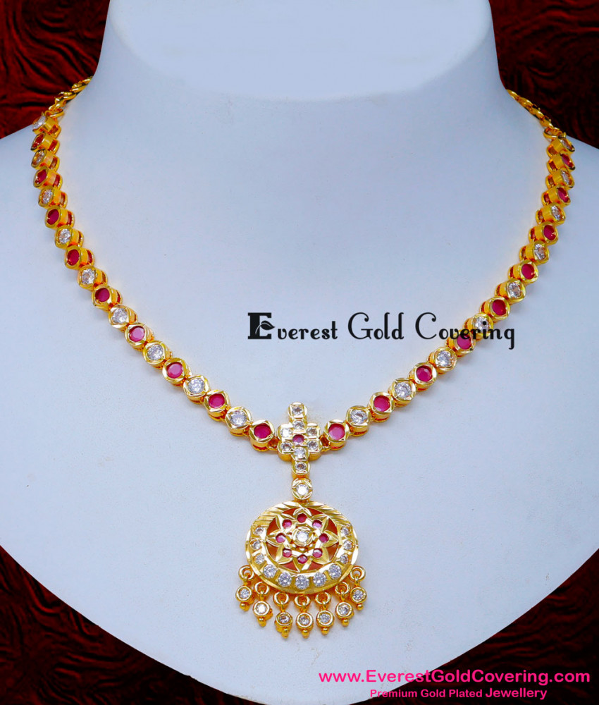NLC1614 - Latest Impon White and Ruby Gold Necklace Designs