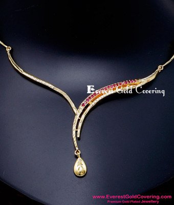 NLC1617 - Beautiful Simple Ruby Stone 1 Gram Gold Necklace Set