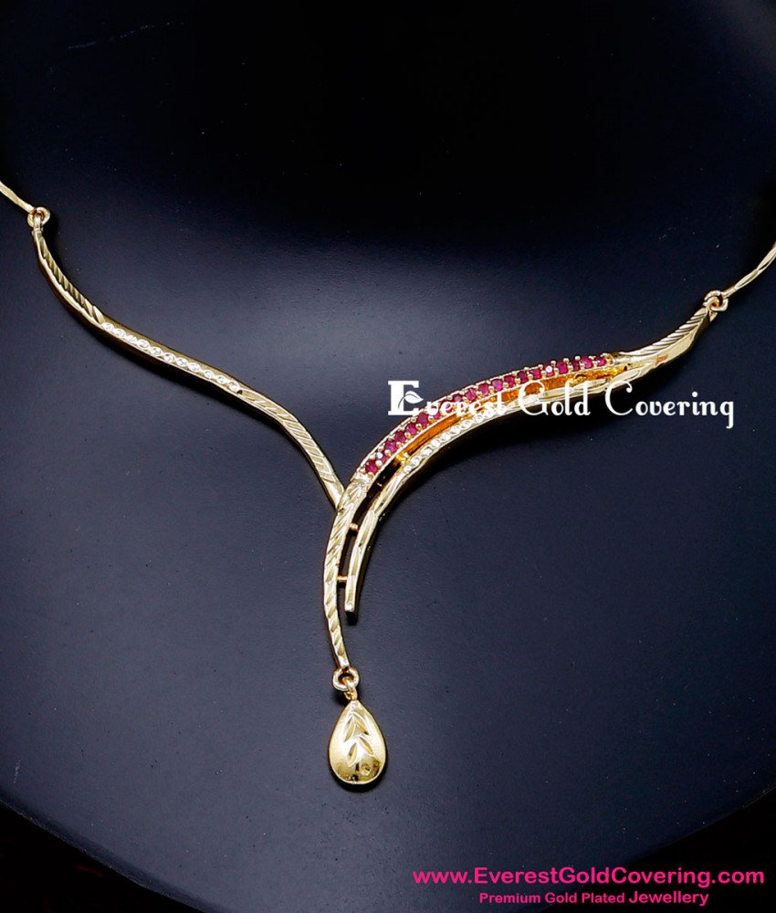 NLC1617 - Beautiful Simple Ruby Stone 1 Gram Gold Necklace Set
