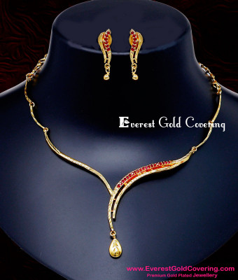 NLC1617 - Beautiful Simple Ruby Stone 1 Gram Gold Necklace Set