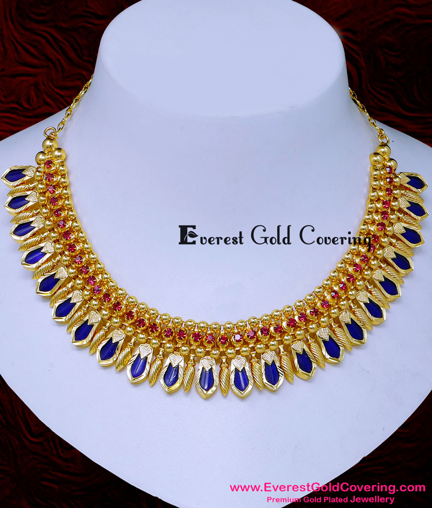 NLC1629 - Kerala Wedding Ruby Stone Blue Nagapadam Necklace