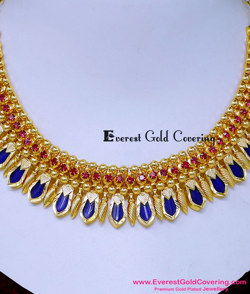 NLC1629 - Kerala Wedding Ruby Stone Blue Nagapadam Necklace