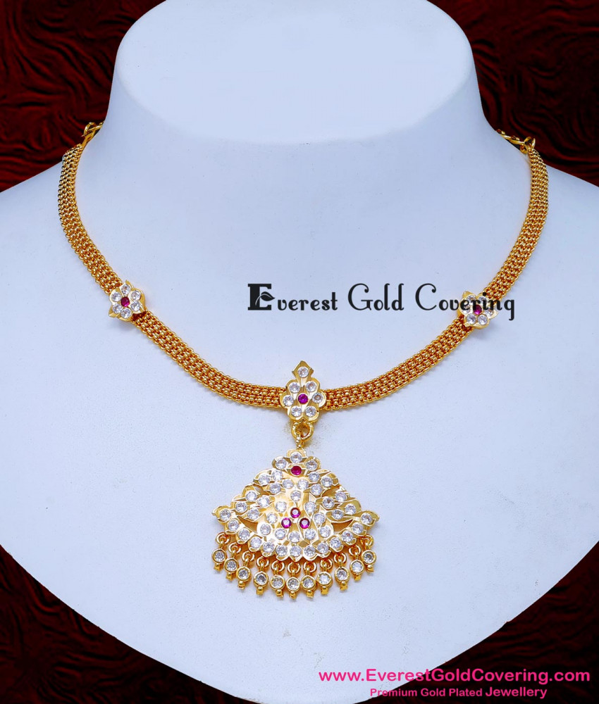 NLC1638 - Traditional Gold Like Impon Attigai Stone Necklace