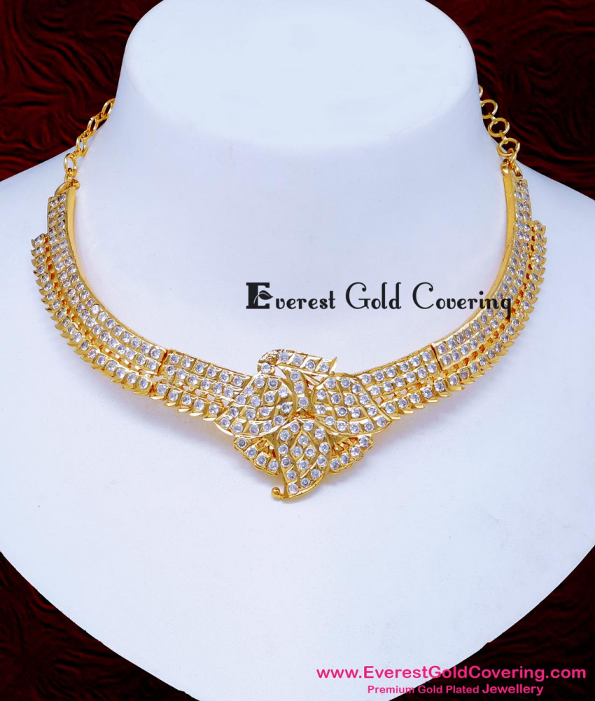 NLC1646 - Gold Look White Stone Mango Design Attigai Necklace 