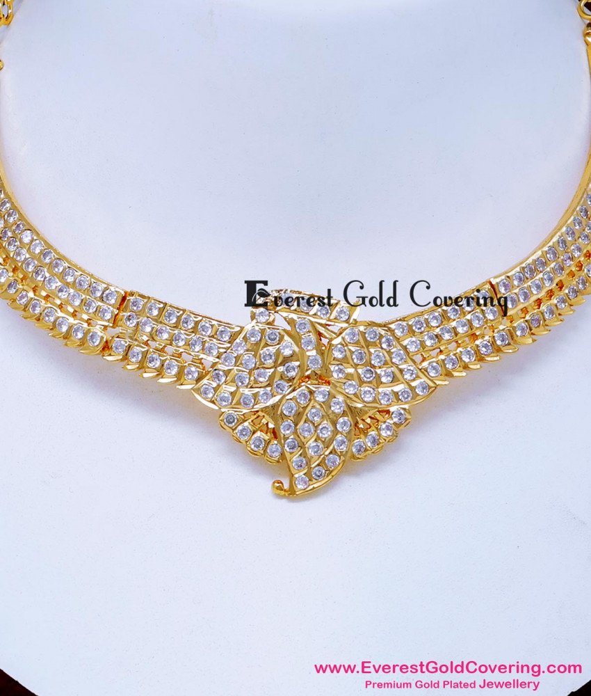 NLC1646 - Gold Look White Stone Mango Design Attigai Necklace 