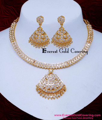 NLC1647 - Traditional Gold Design White Stone Impon Necklace Set