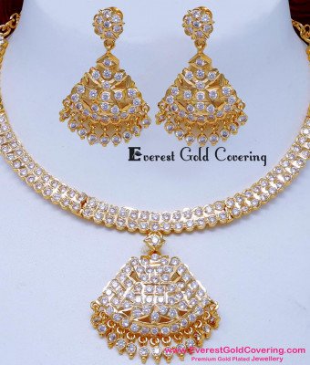 NLC1647 - Traditional Gold Design White Stone Impon Necklace Set