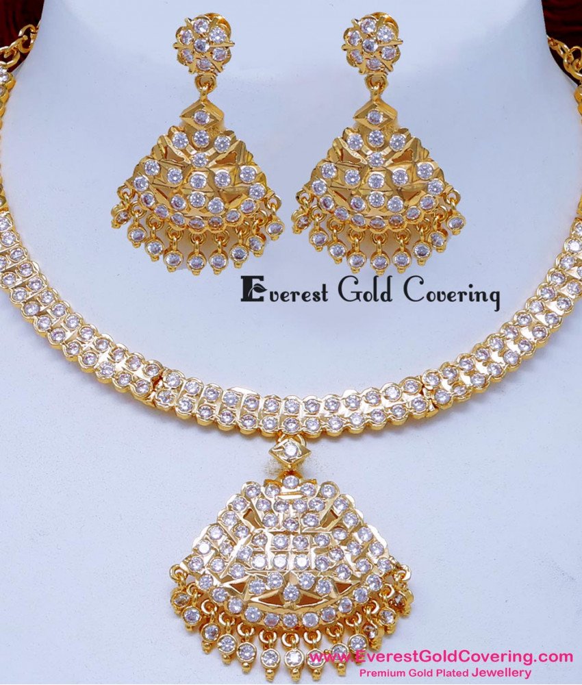 NLC1647 - Traditional Gold Design White Stone Impon Necklace Set