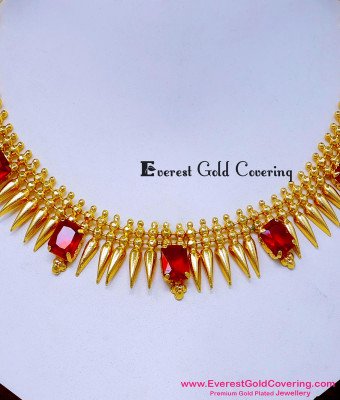 NLC1654 - Latest Ruby Stone Gold Plated Mullamottu Mala Necklace