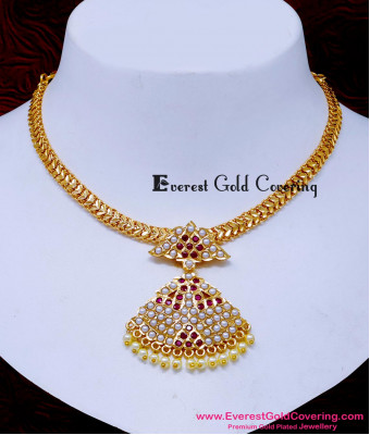 NLC1664 - New Model Impon Ruby Stone with Muthu Attigai Necklace