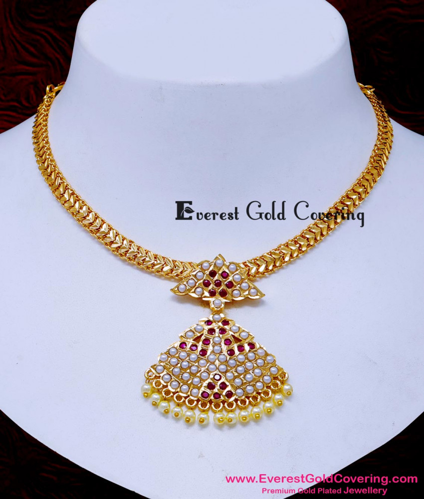NLC1664 - New Model Impon Ruby Stone with Muthu Attigai Necklace