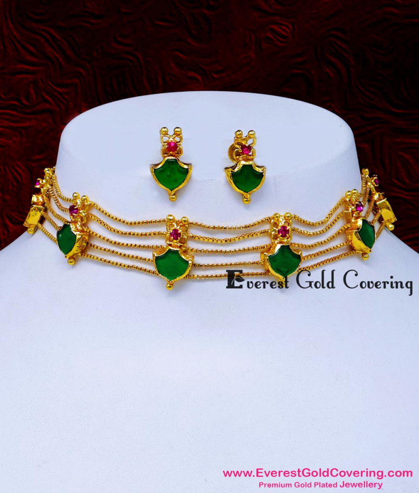 NLC1684 - Latest Bridal Wear Palakka Choker Necklace Gold Design