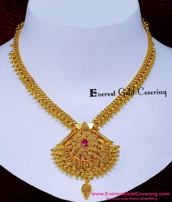 NLC1687 - 1 Gram Gold Ruby Stone Gold Beads Necklace Designs