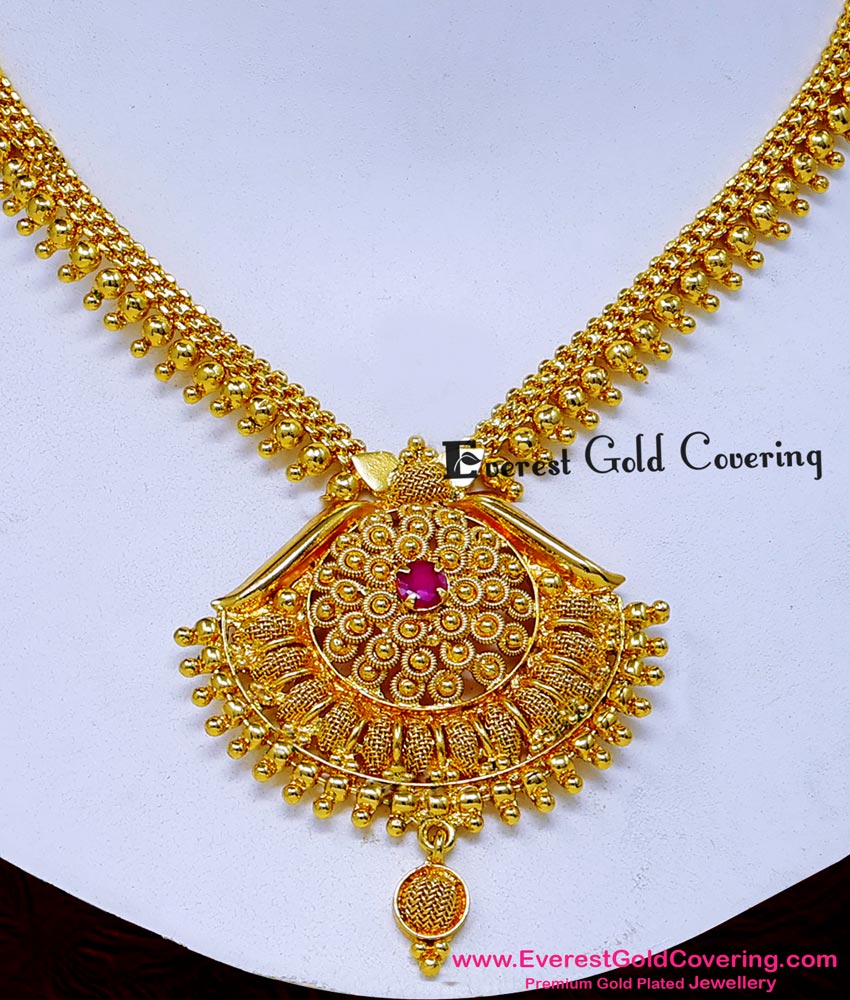 NLC1687 - 1 Gram Gold Ruby Stone Gold Beads Necklace Designs