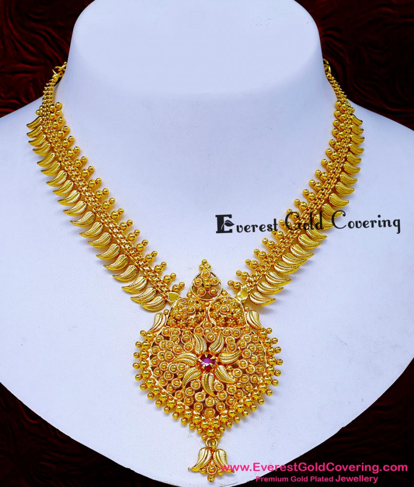 NLC1688 - New Model Leaf Design Ruby Stone Necklace Yellow Gold