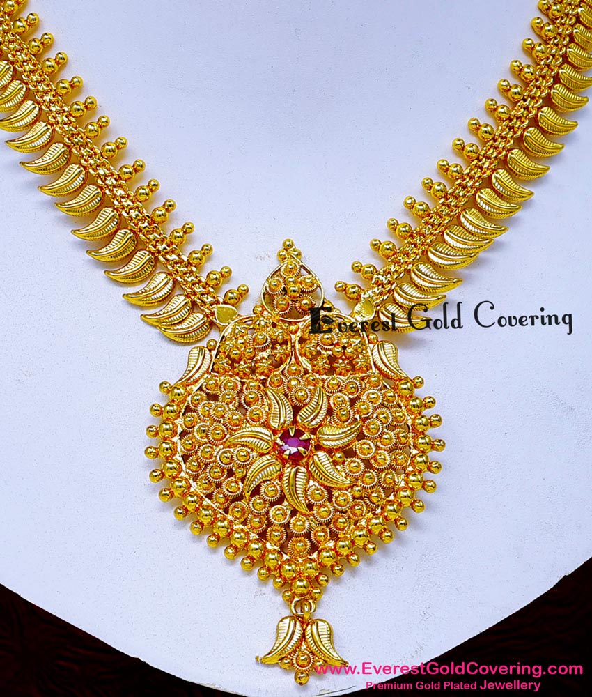NLC1688 - New Model Leaf Design Ruby Stone Necklace Yellow Gold
