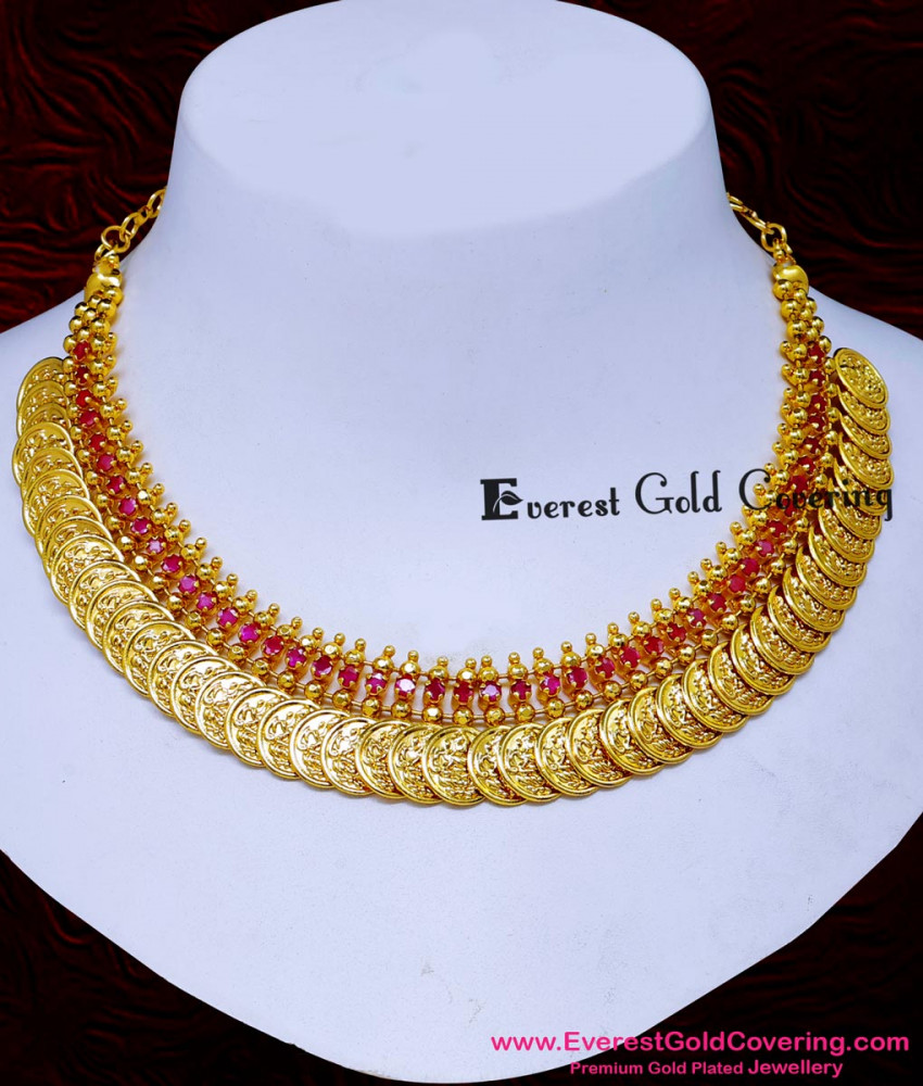 NLC1689 - Gold Design Ruby Stone Lakshmi Coin Necklace for Wedding