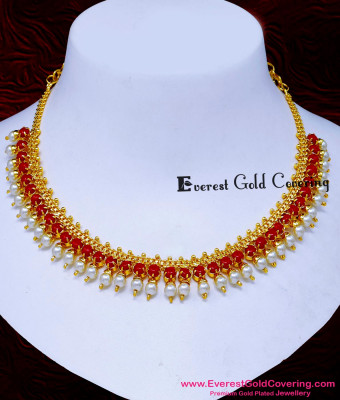 NLC1691 - New Model Red Coral with Pearl Necklace Gold Design