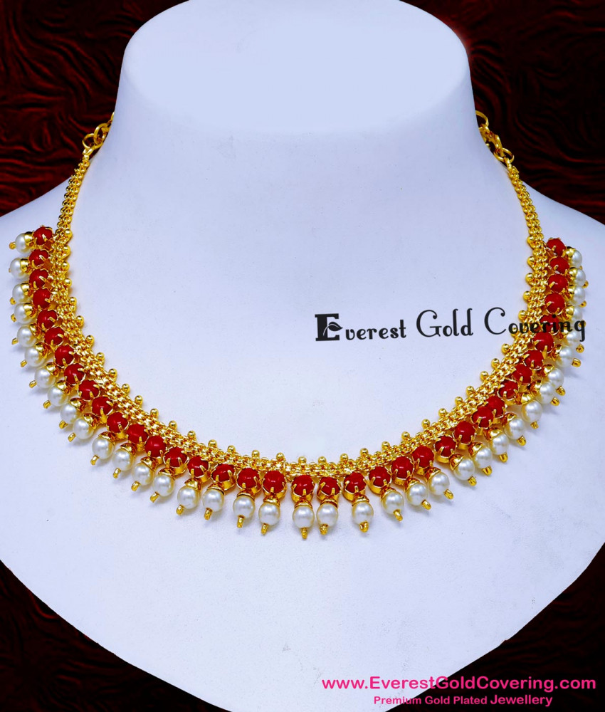 NLC1691 - New Model Red Coral with Pearl Necklace Gold Design