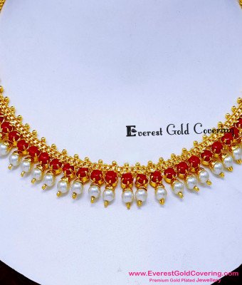 NLC1691 - New Model Red Coral with Pearl Necklace Gold Design