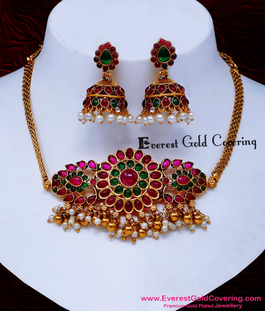 NLC1697 - Trendy Ruby Emerald Antique Mini Choker Necklace Set