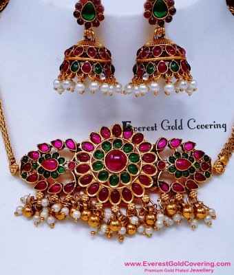 NLC1697 - Trendy Ruby Emerald Antique Mini Choker Necklace Set