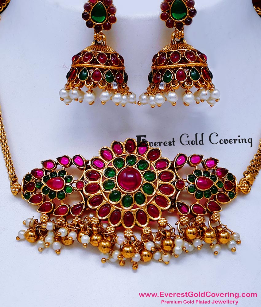 NLC1697 - Trendy Ruby Emerald Antique Mini Choker Necklace Set