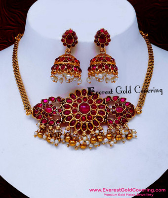 NLC1699 - Antique Kemp Ruby Stone Choker Necklace with Jhumka