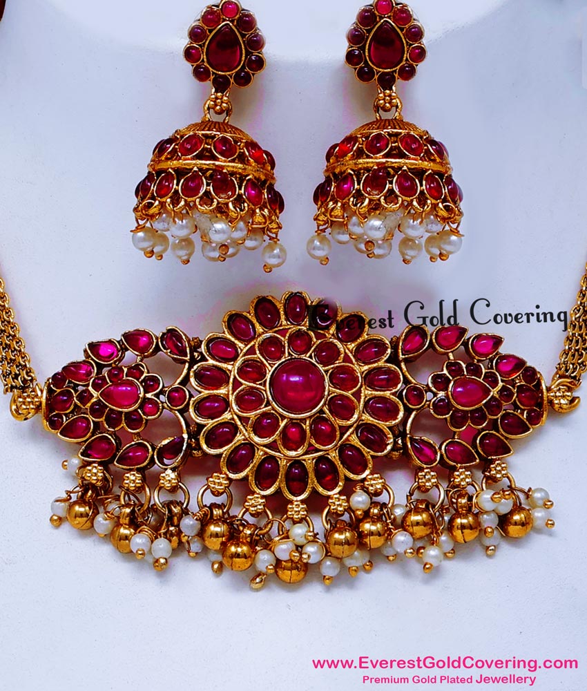 NLC1699 - Antique Kemp Ruby Stone Choker Necklace with Jhumka