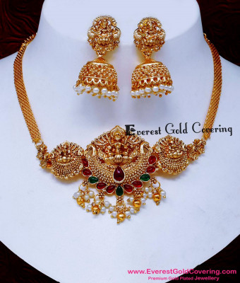 NLC1701 – Latest Antique Gold Pearl Necklace with Jhumkas Online