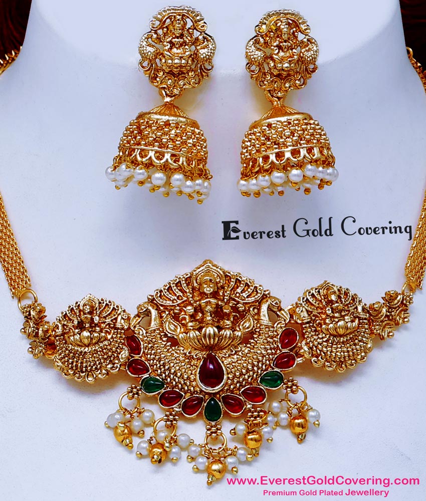 NLC1701 – Latest Antique Gold Pearl Necklace with Jhumkas Online