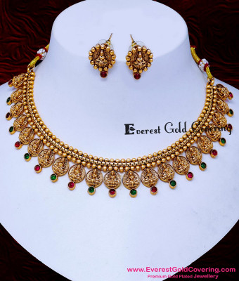 NLC1708 - Beautiful Red And Green Simple Antique Necklace for Saree