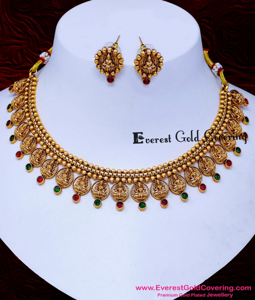 NLC1708 - Beautiful Red And Green Simple Antique Necklace for Saree