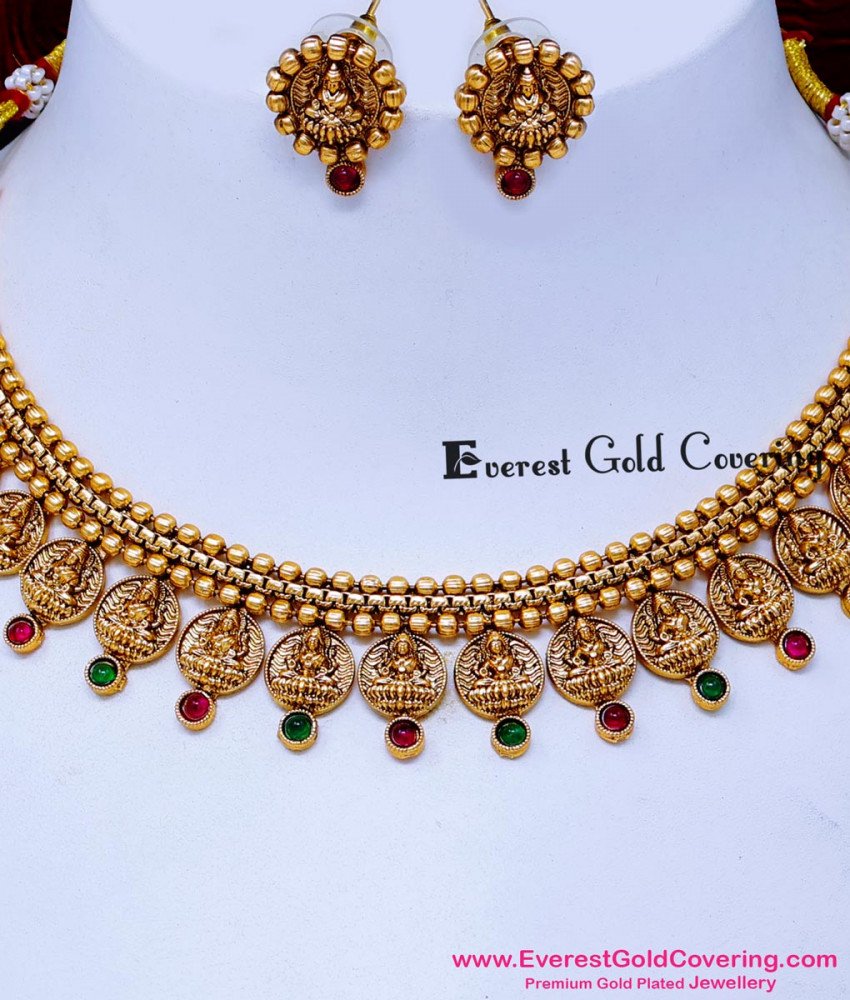 NLC1708 - Beautiful Red And Green Simple Antique Necklace for Saree