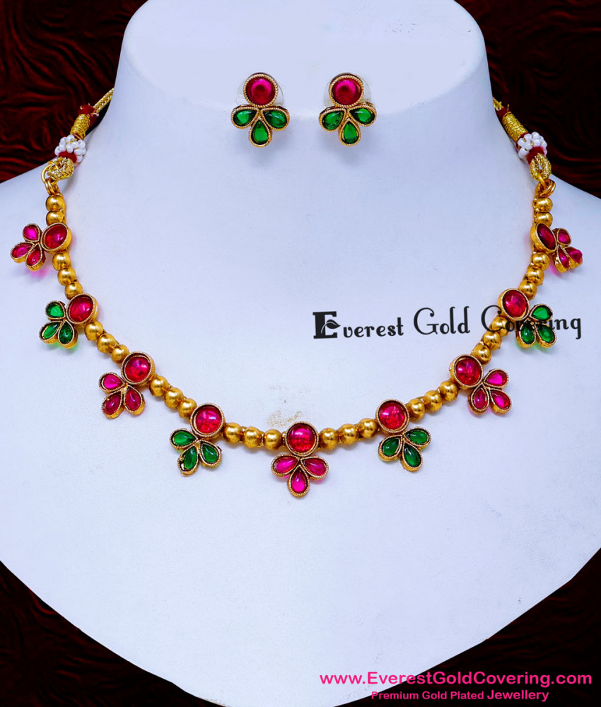 NLC1710 - New Green and Pink Stone Antique Necklace Matching Saree