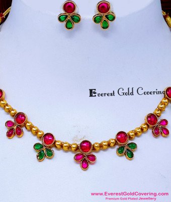NLC1710 - New Green and Pink Stone Antique Necklace Matching Saree